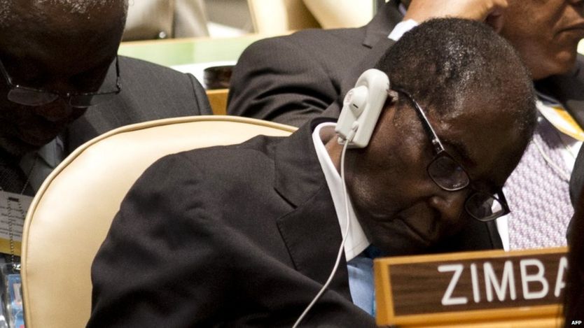 President Mugabe slouches in chair with eyes closed at the UN General Assembly