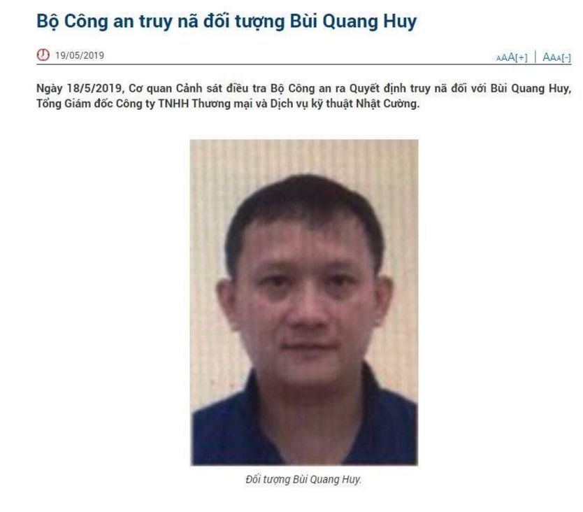 Thông báo truy nã ông Bùi Quang Huy trên website Bộ Công an.