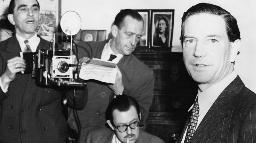 Kim Philby holds a press conference at his mother's home in Drayton Gardens, London, 8 November 1955