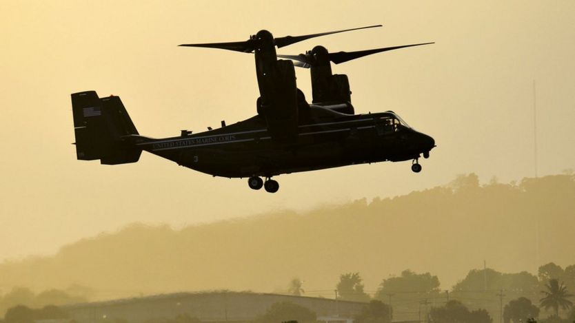 Una aeronave Bell-Boeing V-22 Osprey en el Aeropuerto Internacional de Tocumén, en Ciudad de Panamá, el 9 de abril de 2015.