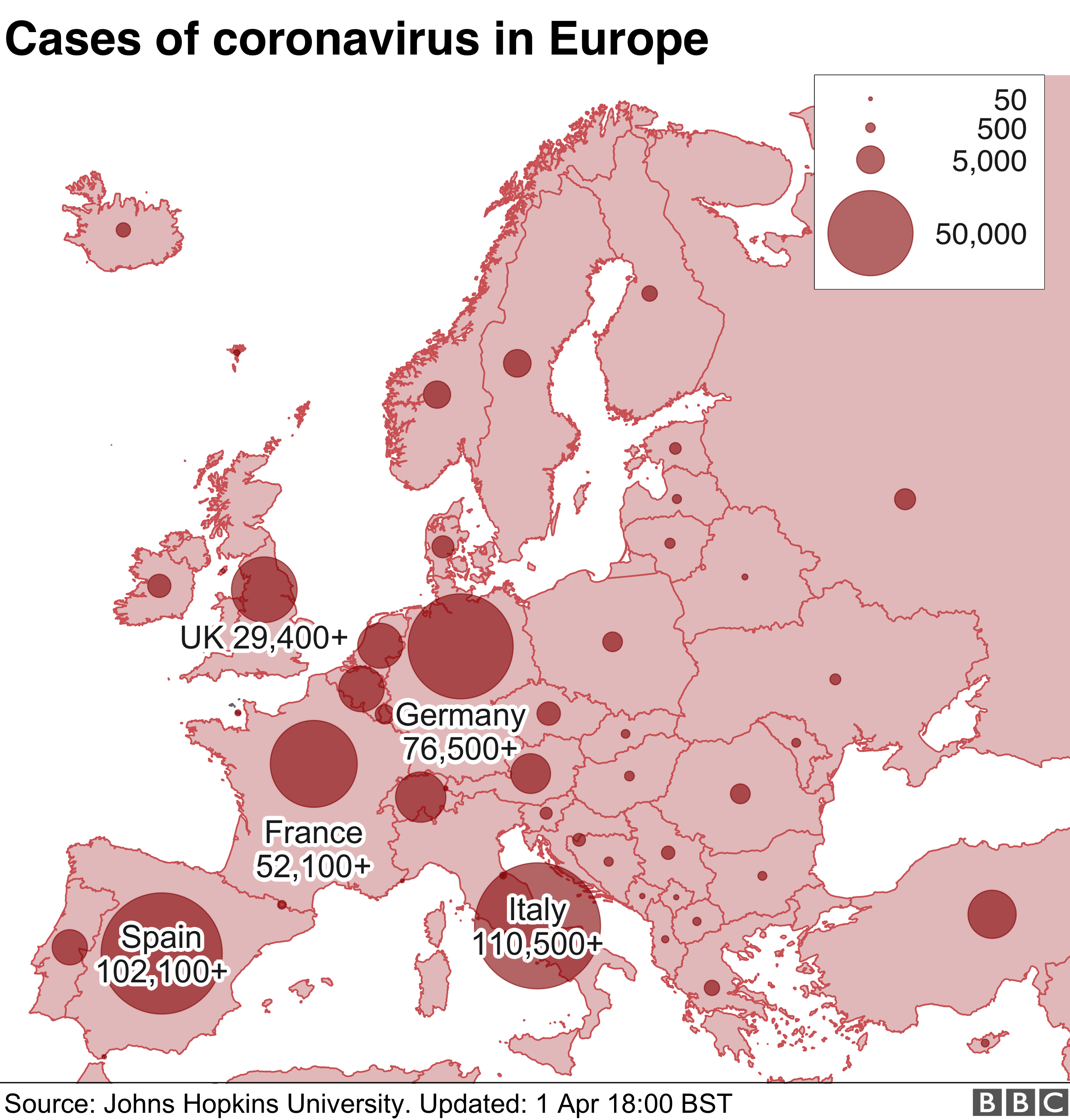 Map of Europe showing cases in key countries