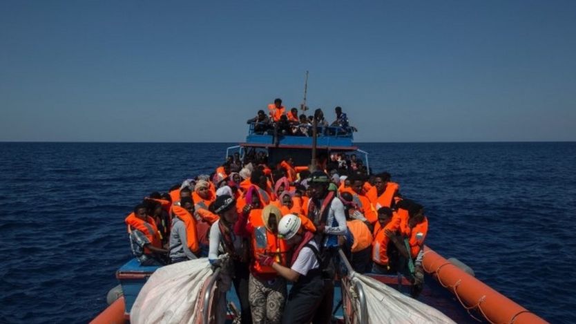 Migrants are rescued by members of the Aquarius rescue ship in the Mediterranean Sea