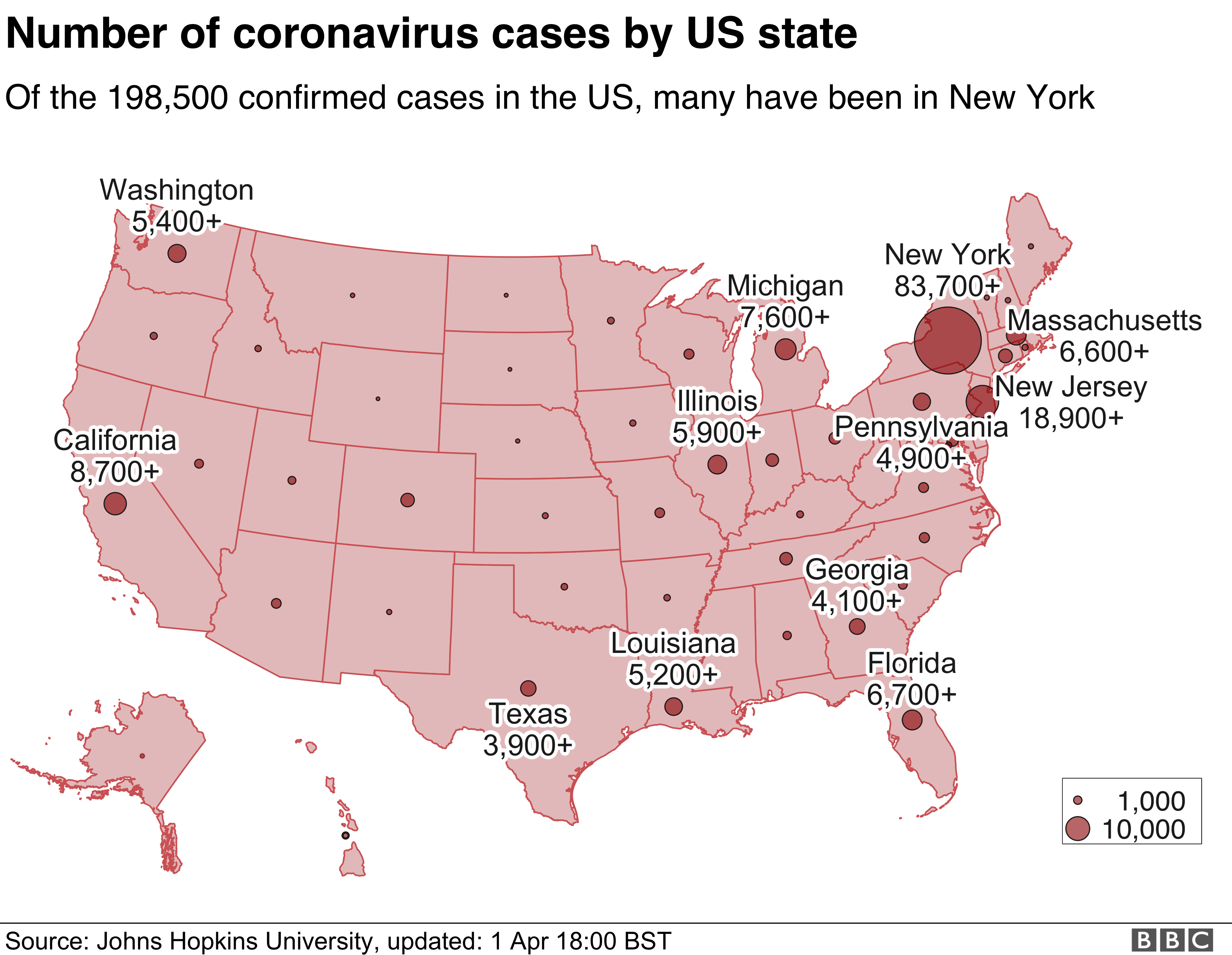 Map of the US showing which states have the most coronavirus cases