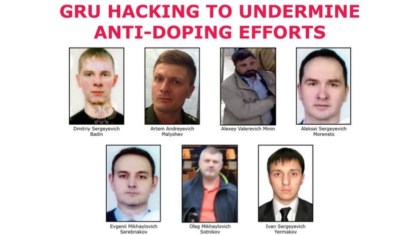 The seven suspected agents of Russia"s GRU on a "Wanted" poster after being indicted for hacking.