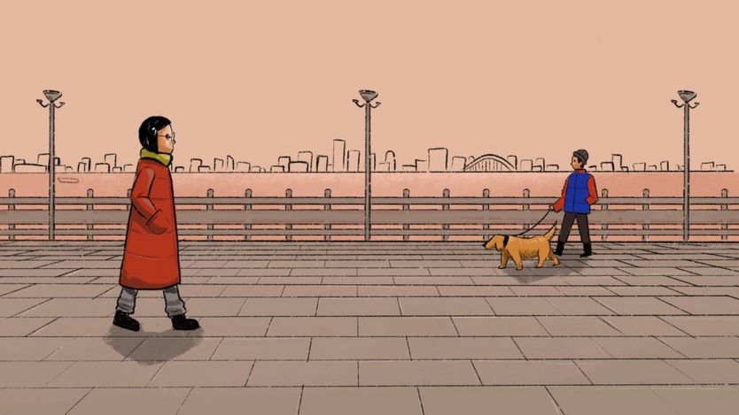 Illustration of a woman walking past someone walking a dog
