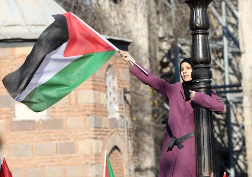 یک معترض ضد آمریکا پرچم فلسطین را در آنکارا بالا نگه داشته است