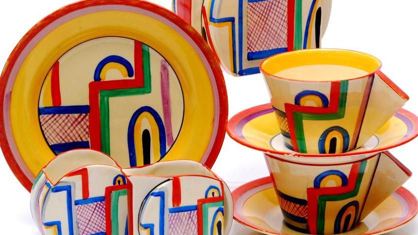 Matching set of pottery created by Clarice Cliff