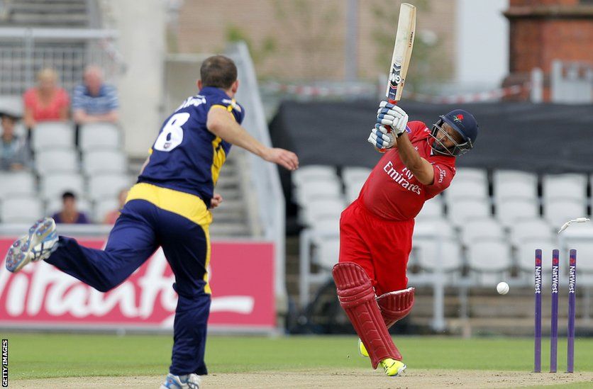 Graham Wagg takes the wicket of Ashwell Price as Glamorgan's delayed T20 Blast quarter-final against Lancashire finally got underway at Old Trafford.