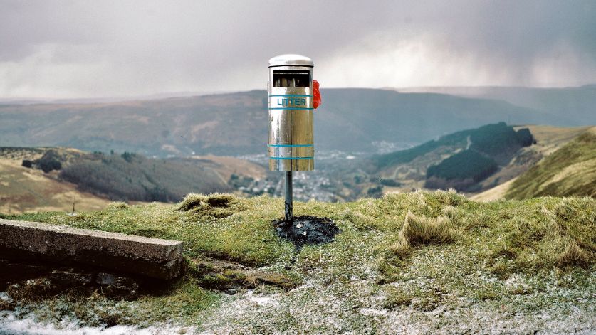 Burnt-out bin over the Bwlch mountain
