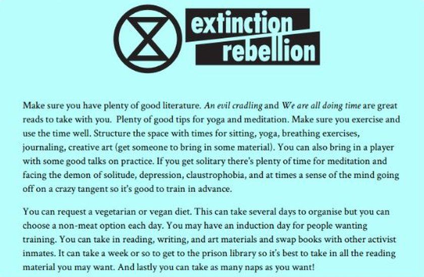 Screenshot of Extinction Rebellion's prison guide before it was deleted from its website