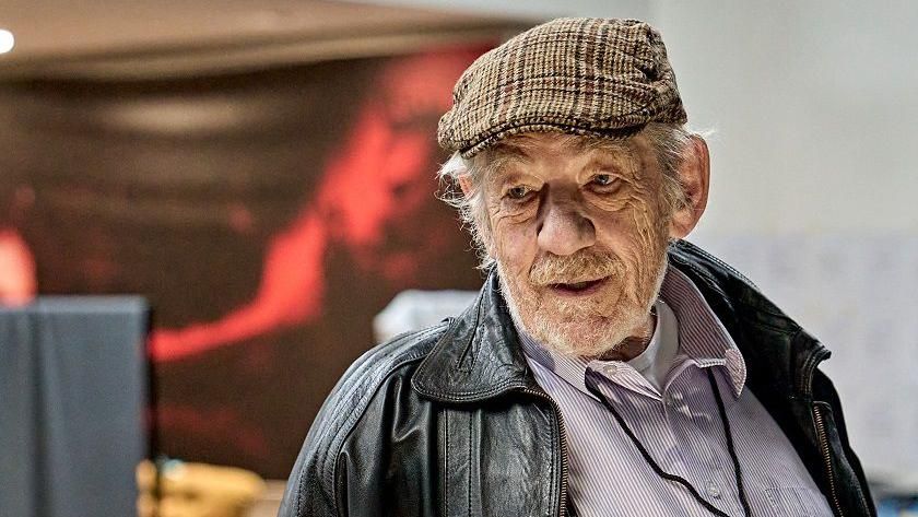 Sir Ian McKellen pictured during rehearsals for Player Kings at the Bristol Hippodrome. He is wearing a black leather jacket and a tweed cap 