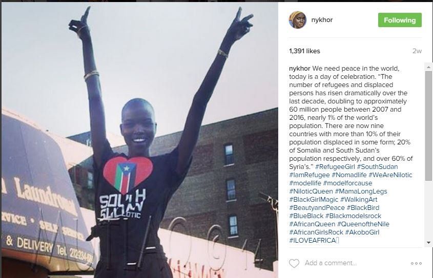 Nykhor Paul wearing South Sudan T-shirt