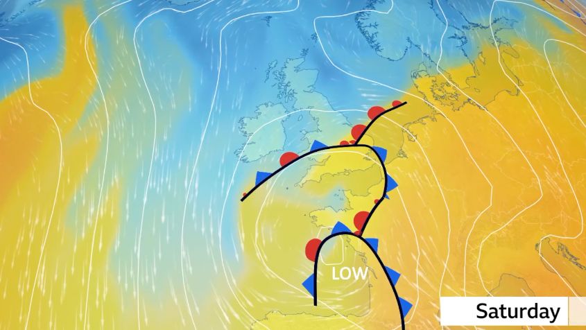 BBC Weather graphic showing the pressure pattern with low pressure to the south of the UK. Also shown is the air mass with orange colours moving into southern parts of the UK while blue, colder air is seen elsewhere
