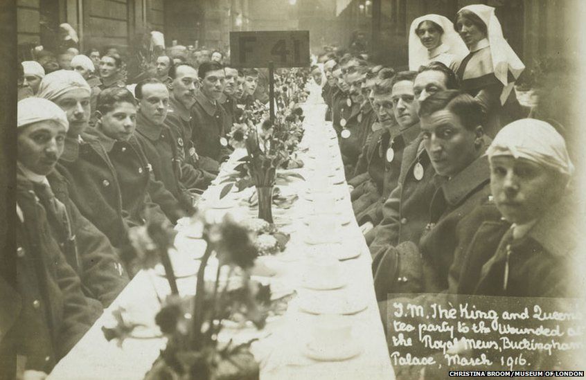 Tea party for wounded soldiers and sailors at the Royal Mews