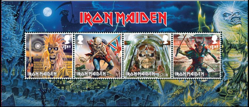 Four stamps with different images of the band mascot Eddie