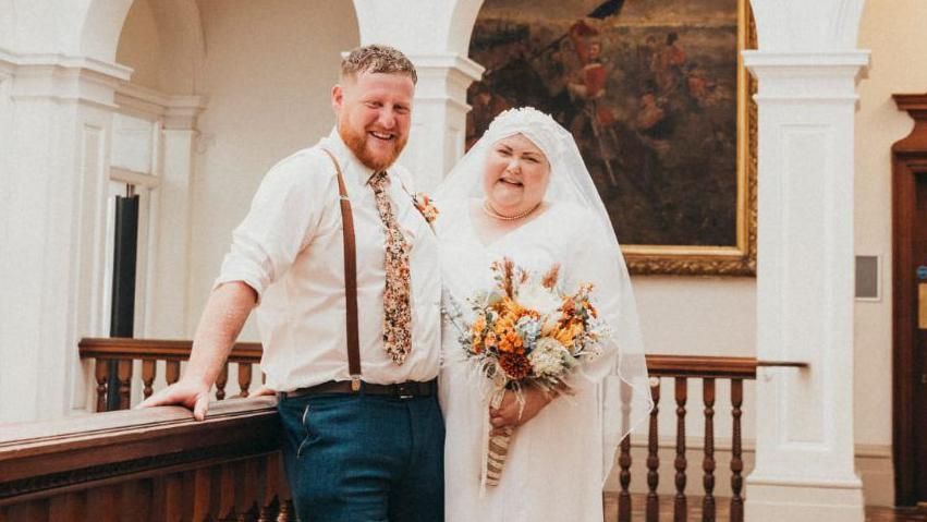 Rachael Blake and her husband on their wedding day