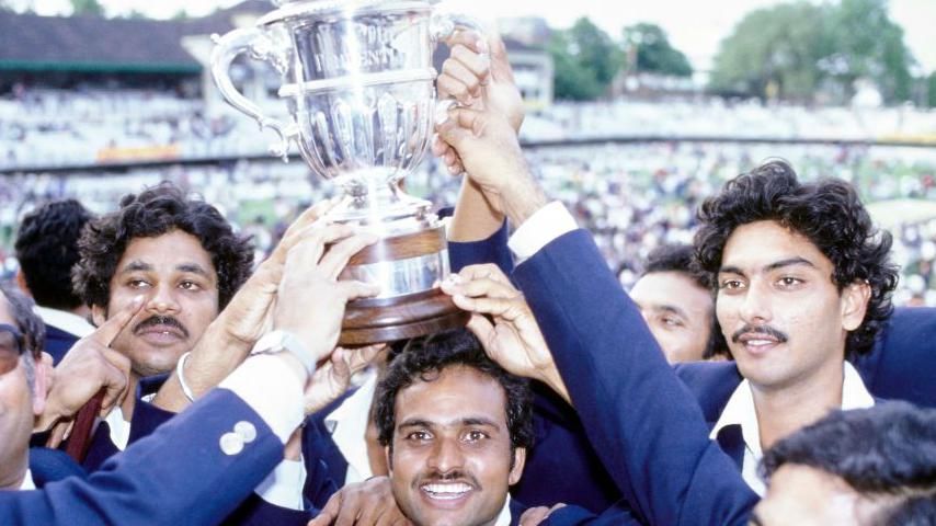 India celebrate with the 1983 Cricket World Cup trophy