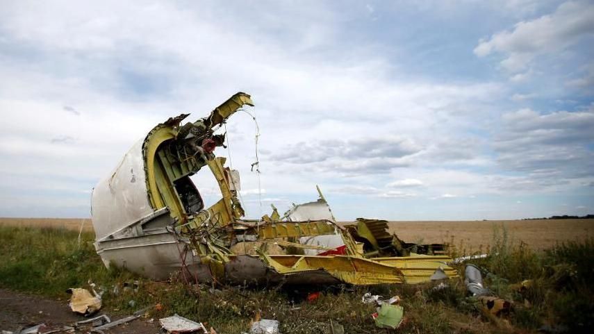 A part of the wreckage is seen at the crash site of Flight MH17 near the village of Hrabove 