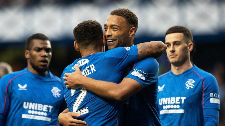 GLASGOW, SCOTLAND - SEPTEMBER 21:  Rangers Cyriel Dessers celebrates scoring to make it 1-0 with James Tavernier during a Premier Sports Cup quarter-final match between Rangers and Dundee at Ibrox Stadium, on September 21, 2024, in Glasgow, Scotland. (Photo by Alan Harvey / SNS Group)