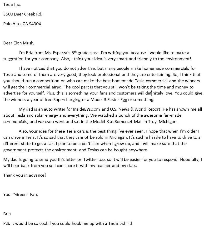 Screengrab of Bria's letter to Elon Musk posted on Twitter by her father