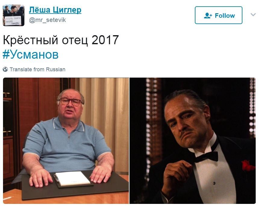 Tweet comparing Russian tycoon's video address to anti-corruption campaigner Alexei Navalny to a scene from The Godfather.