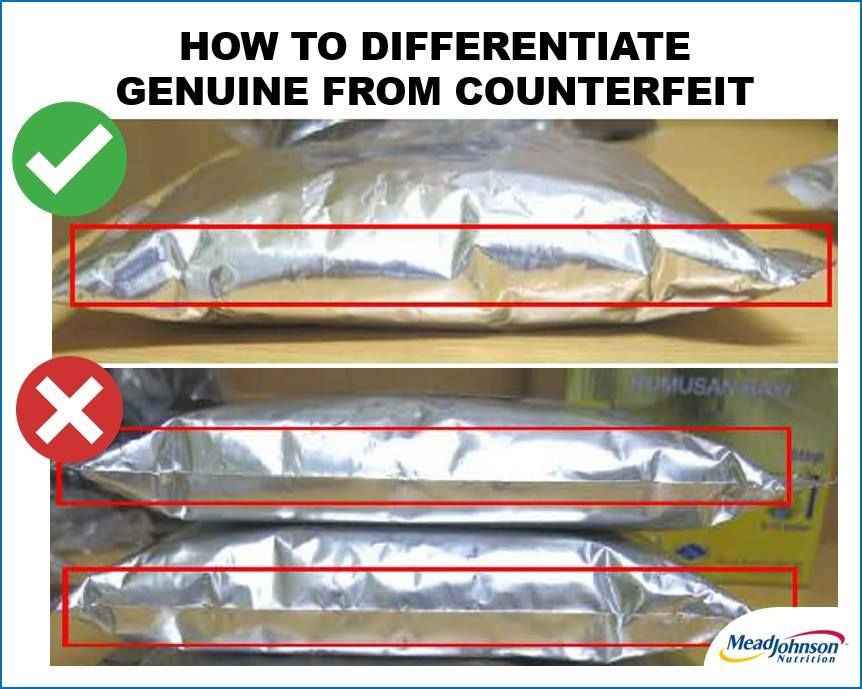 Pictures of the foil packets containing fake infant formula products made by Mead Johnson, compared to the foil packets containing genuine products