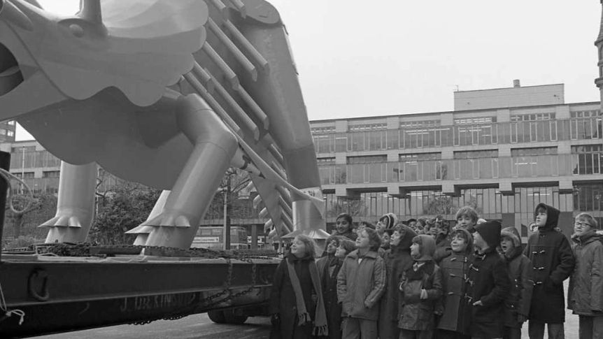 School children watched on as the triceratops began its journey to the banks of the Tees in the 1970s