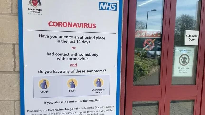 A coronavirus sign at Noble's Hospital during the pandemic