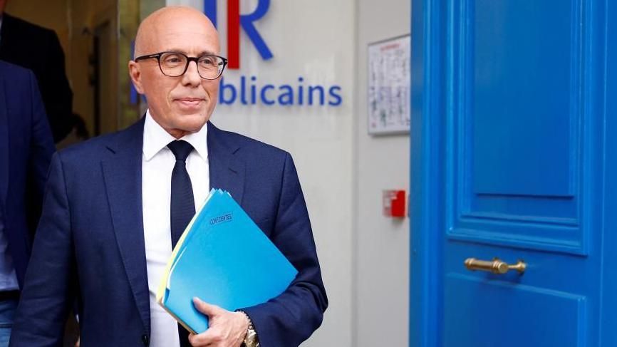 Eric Ciotti, head of the French conservative party Les Republicains, leave the party headquarters in Paris