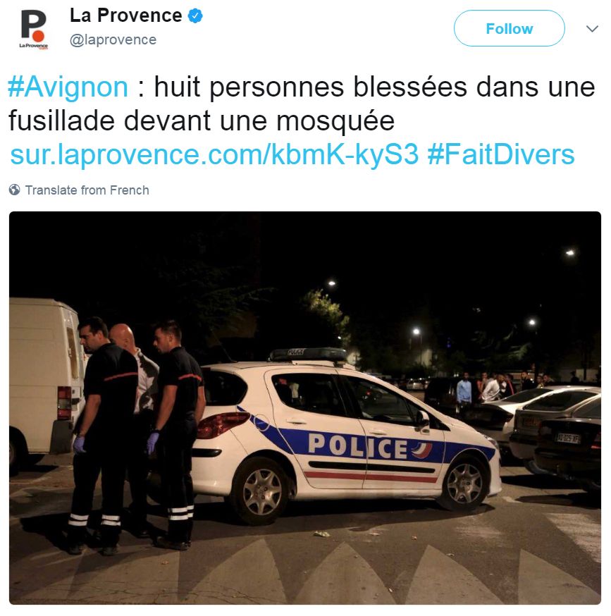 A tweet posted by La Provence newspaper reads: "Eight people injured in a shooting outside a mosque."