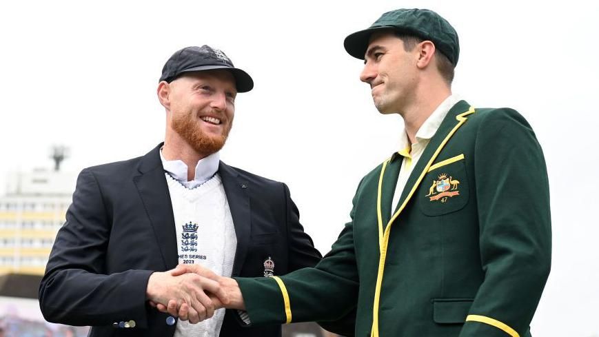 Ben Stokes and Pat Cummins shake hands before the fifth Ashes Test in 2023