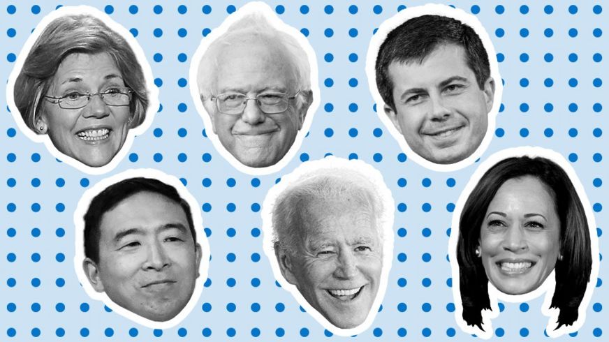 Elizabeth Warren, Bernie Sanders, Pete Buttigieg, Andrew Yang, Joe Biden and Kamala Harris