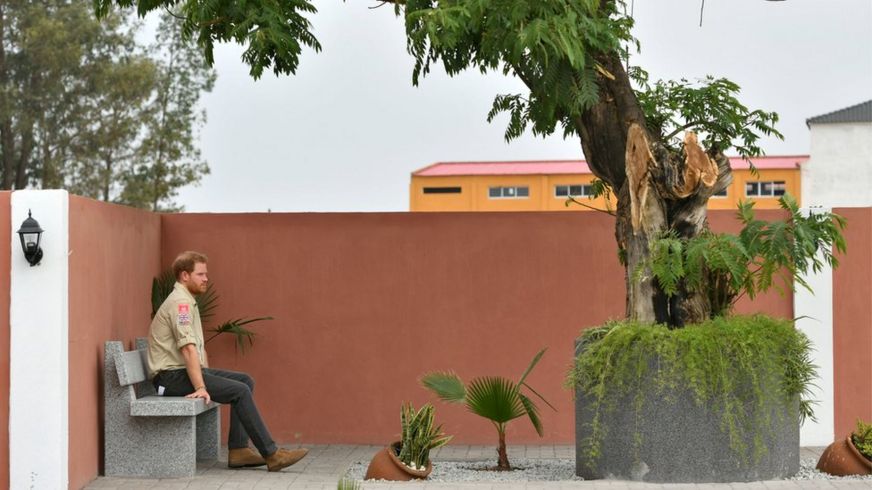 Prince Harry, Duke of Sussex, sits alone beneath the Diana Tree on day five of the royal tour of Africa, in Huambo, Angola