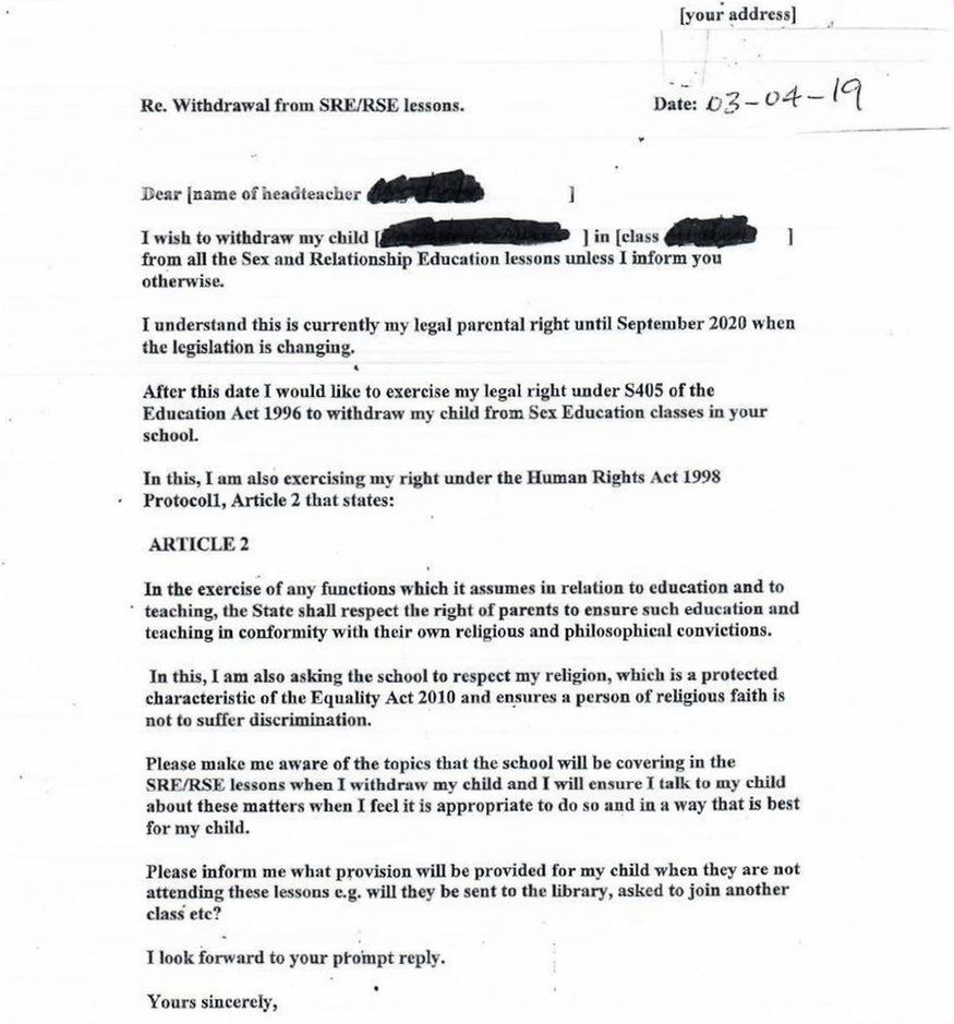 A template letter included in the government advice being circulated for withdrawing children from relationship education classes