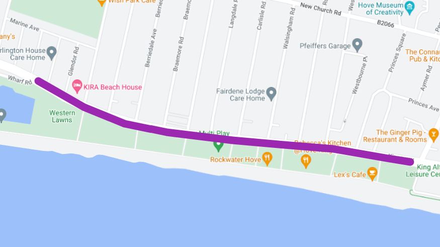 The purple route shows where the second lane of westbound traffic resumes and the cycle path moves onto the current shared pedestrian and cycle pavement