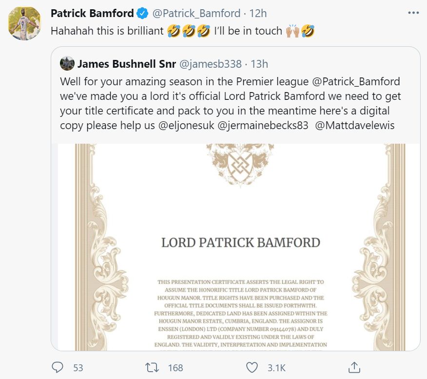 Lord Patrick Bamford tweet