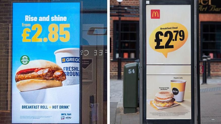 Split picture showing a Greggs advert in a shop window for a £2.8r breakfast deal and, on the right, a McDonald's advert on a phone box for a £2.79 breakfast deal