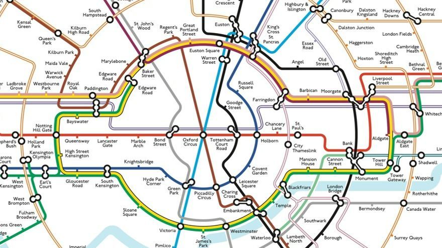 A section of a colour-coded Tube map shaped a bit like a wheel, showing how each of the 11 lines connect