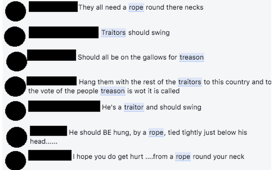 Facebook comments including 'traitors should swing'
