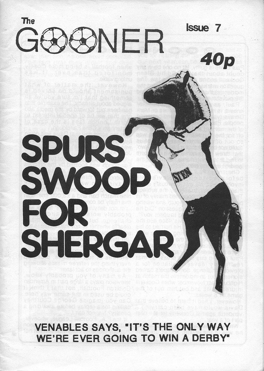 Front cover of The Gooner featuring a sketch of Shergar in a Spurs shirt