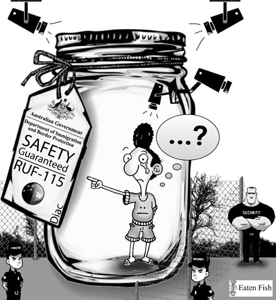 Cartoon showing a tearful Ali Dorani trapped in a jar, surrounded by security cameras