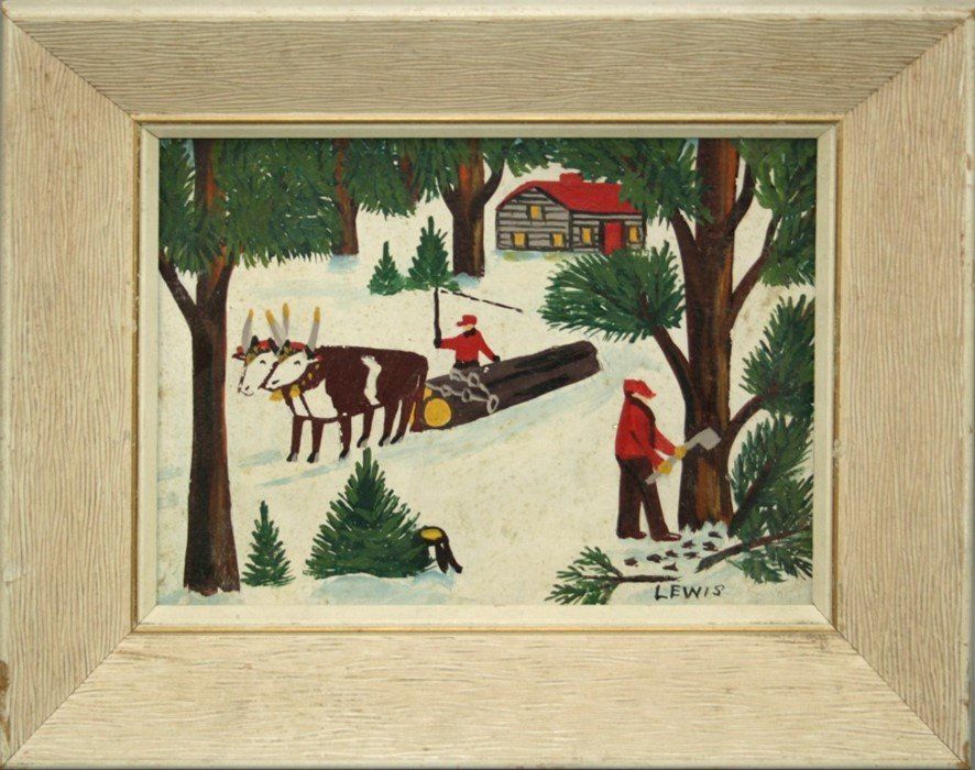 Woodland scene featuring a lumberjack felling a tree and reindeer hauling logs by Maud Lewis