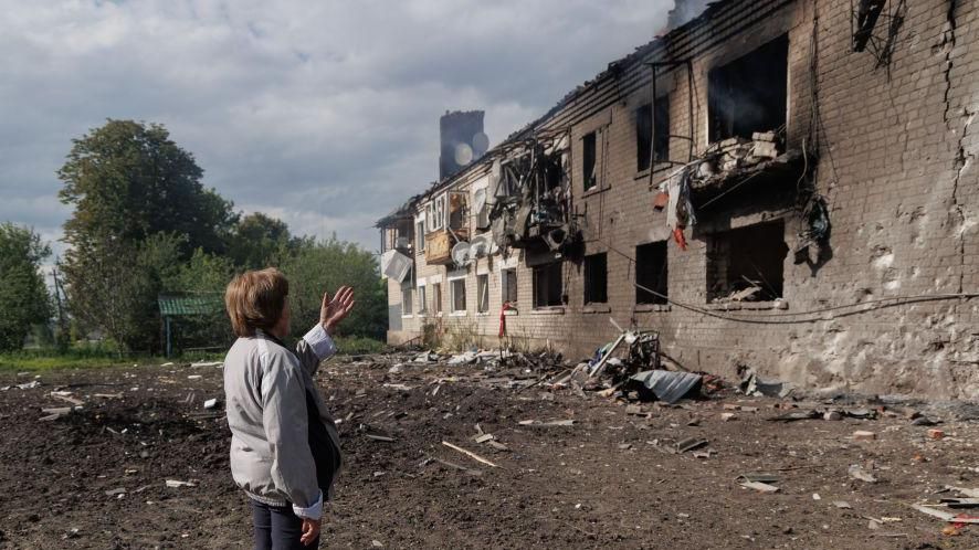 A view of the damaged building after the Russian shelling on Vovchansk in Kharkiv, Ukraine on May 11, 2024