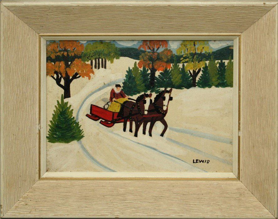 Figure in a horse drawn sleigh in a wintry landscape by Maud Lewis