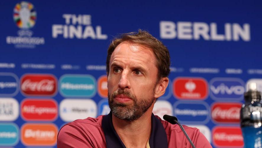 Gareth Southgate looks on during England's press conference before the Euro 2024 final