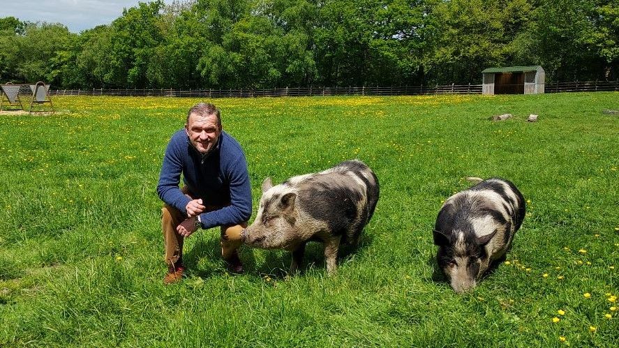 Kevan Hodges kneeling down beside two pigs in a field