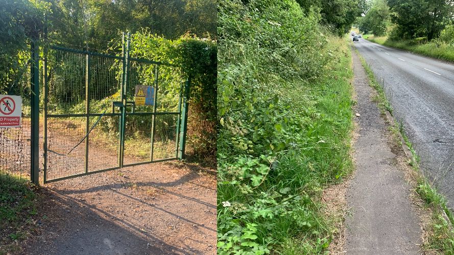 On the left, a picture of a large wire gate with warning signs about MOD property, on the right, a road with a grass verge