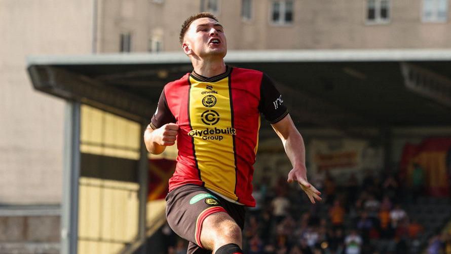 Partick Thistle's Zander MacKenzie celebrates as he scores to make it 3-0 during a William Hill Championship match between Partick Thistle and Queen's Park at the Wyre Stadium at Firhill, on August 31, 2024, in Glasgow, Scotland. (Photo by Ross MacDonald / SNS Group)