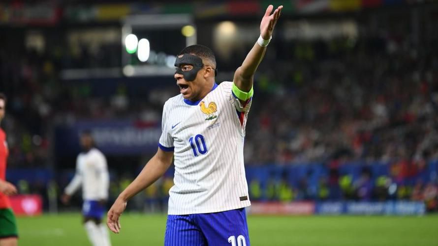 Kylian Mbappe gestures during a Euro 2024 game