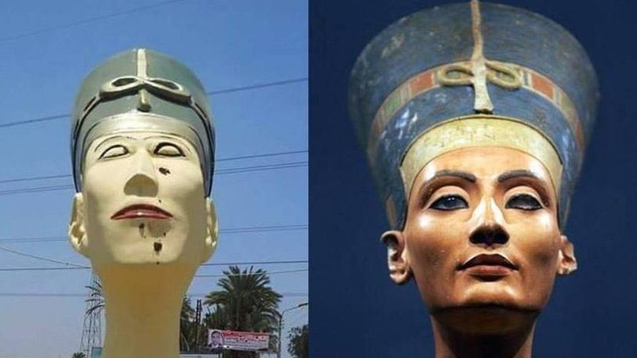 On the right: the famous bust of Nefertiti in the Neues museum in Berlin. On the left: the replica that sparked an outcry in Egypt. Facebook user Wael Saad commented: 'This is how Egyptian art has evolved over the years'